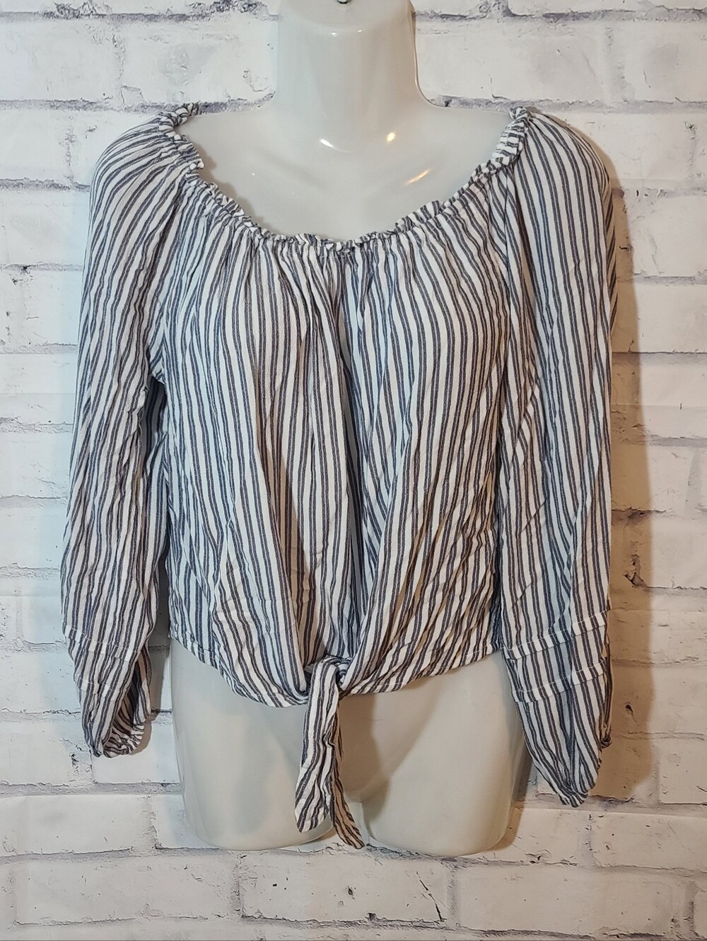Women's Hollister Blue White Striped Off-Shoulder Tie Front Blouse L